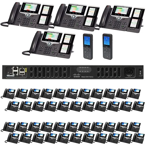 50-phone Cisco SIP system — 44× Cisco 8841 and 4× Cisco 8851 with IP PBX router